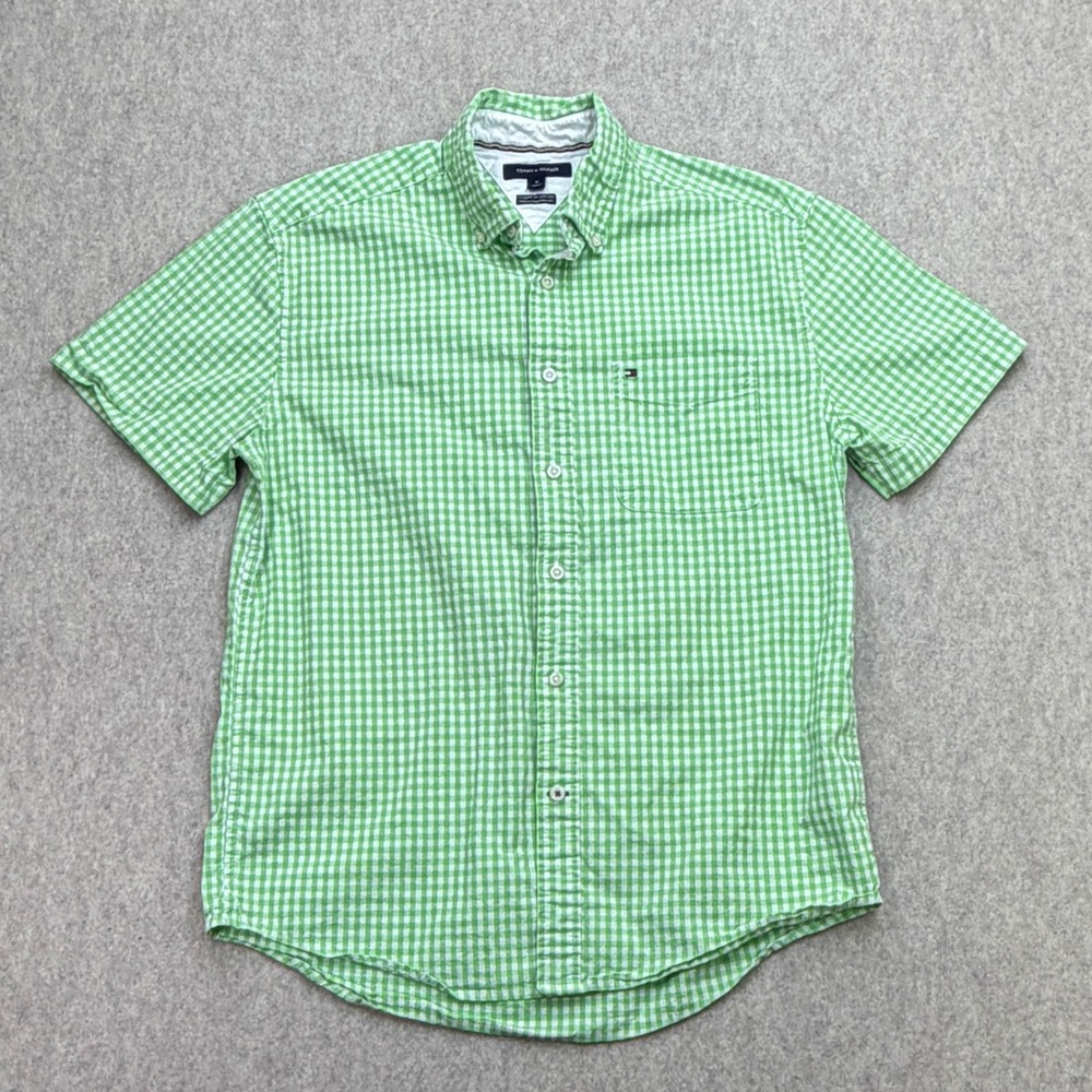 Tommy Hilfiger Button Down Shirt M Green Gingham Preppy Classic Coastal Academia
